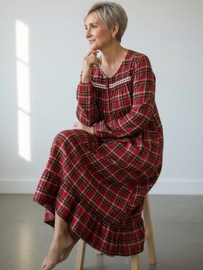 Laura Scott Red Plaid Flannel Nightgown Lace Country Western